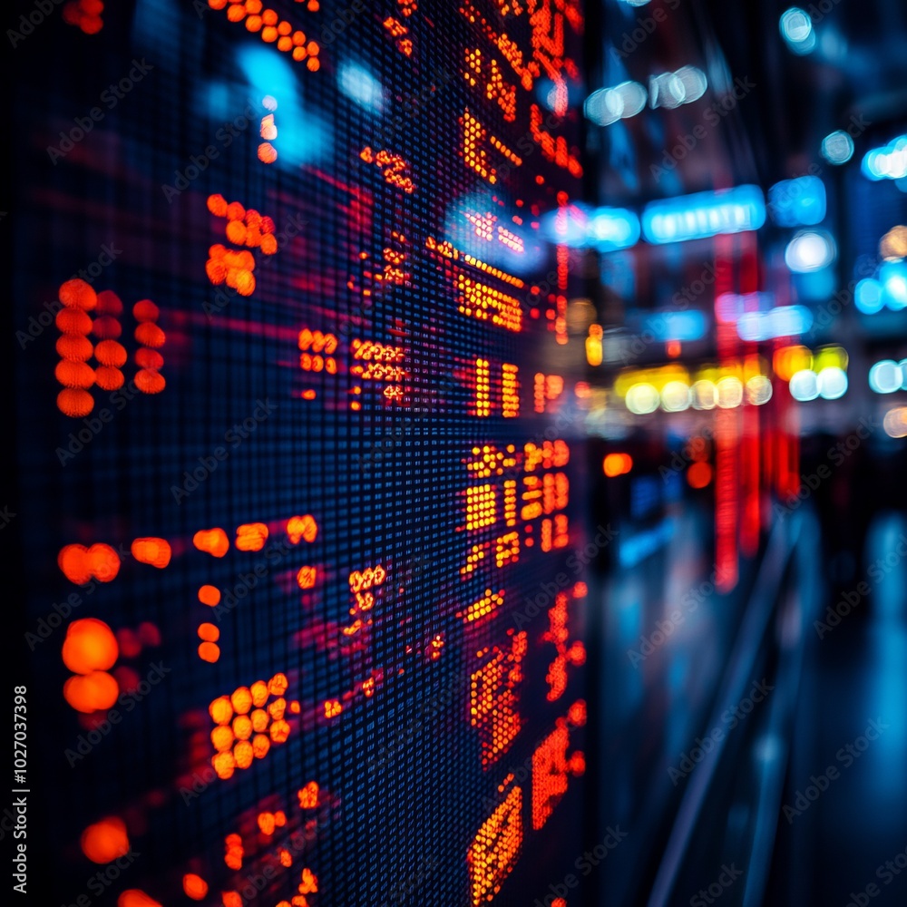 Wall mural A close-up of a stock ticker with red and orange numbers, displaying financial data.