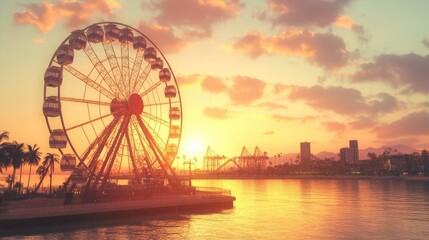 A Ferris wheel spinning under a soft orange sunset, with scenic water views in the background.