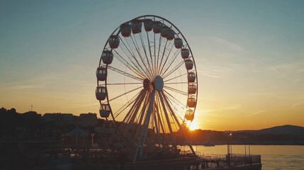 A Ferris wheel spinning under a soft orange sunset, with scenic water views in the background.