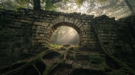 Fototapeta premium Ancient Stone Archway Overgrown with Moss and Vines in a Sunlit Forest
