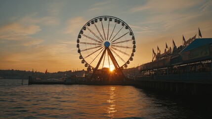 A Ferris wheel spinning under a soft orange sunset, with scenic water views in the background.