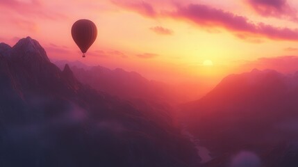 Fototapeta premium A lone balloon drifting into a colorful sunset, framed by scenic mountains below. No people.