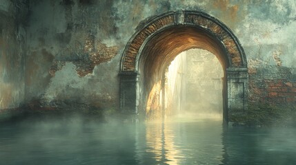 Naklejka premium An Arched Stone Gateway Leading to a Foggy Cityscape