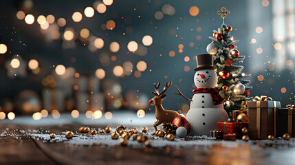 cheerful snowman and playful reindeer are surrounded by festive decorations, including beautifully adorned Christmas tree, sparkling lights, and colorful gifts, creating joyful holiday atmosphere