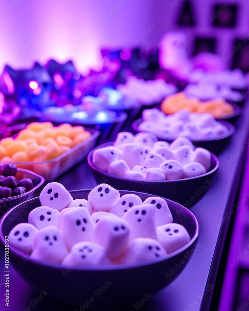 Poster A close-up shot of a table with bowls of ghost-shaped marshmallows and other Halloween treats under a purple light.