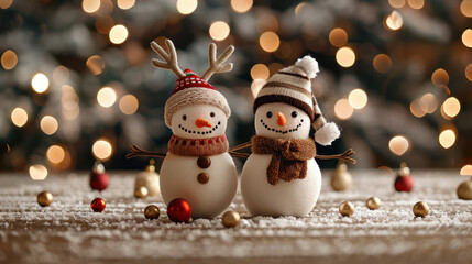Snowmen with festive hats and antlers stand together in winter wonderland, surrounded by sparkling lights and holiday decorations, evoking joyful and magical atmosphere