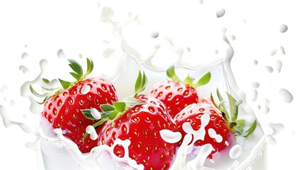 Strawberries Falling on Milk - a delightful and refreshing visual. The image captures vibrant strawberries splashing into creamy milk, creating a playful and appetizing scene.