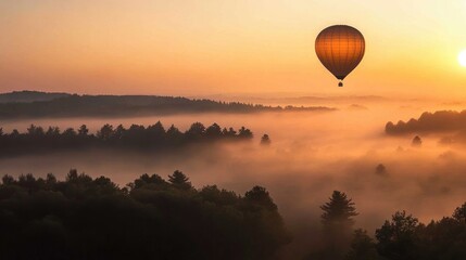 Obraz premium A single balloon rising into a clear dawn sky, with a scenic forest in the background. No people.