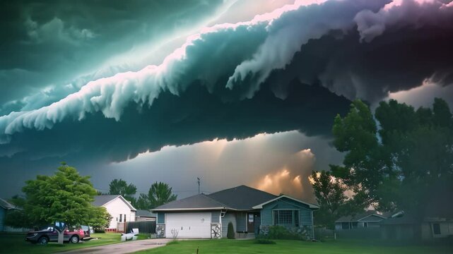 Dark, ominous storm clouds gather overhead, creating a dramatic scene over a suburban home, Dark storm clouds gathering ominously overhead
