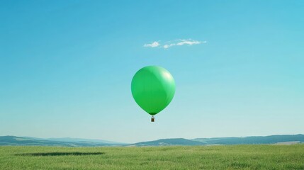 Obraz premium A single green balloon against the backdrop of scenic fields and a clear blue sky. No people.