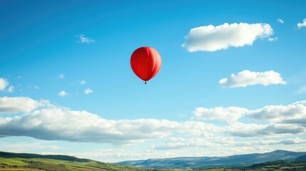 Obraz premium A single red balloon floating high against a bright blue sky, with scenic green hills in the distance. No people.