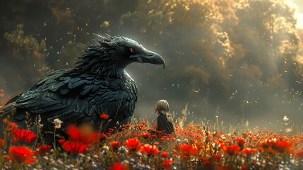 Obraz premium Dark Raven in a Field of Red Flowers: Fantasy Art