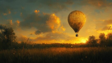 Obraz premium A solitary balloon illuminated by the setting sun, with scenic fields below. No people.