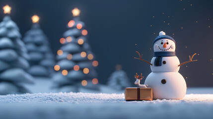 Obraz premium cheerful snowman and small reindeer stand beside gift in snowy landscape, surrounded by softly glowing Christmas trees. scene captures joy of holiday season