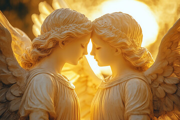 statue of two beautiful angels having their heads together, large wings made of marble, stone, golden light of dawn in background, sunset, photorealistic