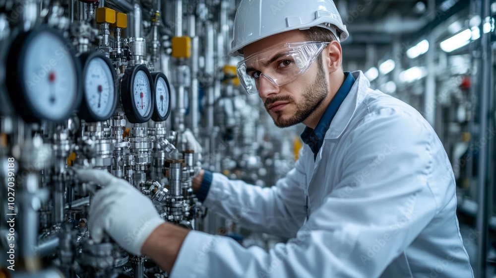 Poster a man in a white lab coat is working on a machine with a white glove on his left