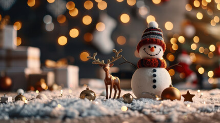 cheerful snowman and reindeer stand happily under festive lights, surrounded by holiday decorations and gifts, creating warm and joyful atmosphere