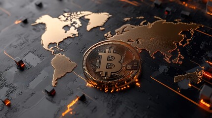 Naklejka premium Bitcoin Coin on World Map with Digital Elements