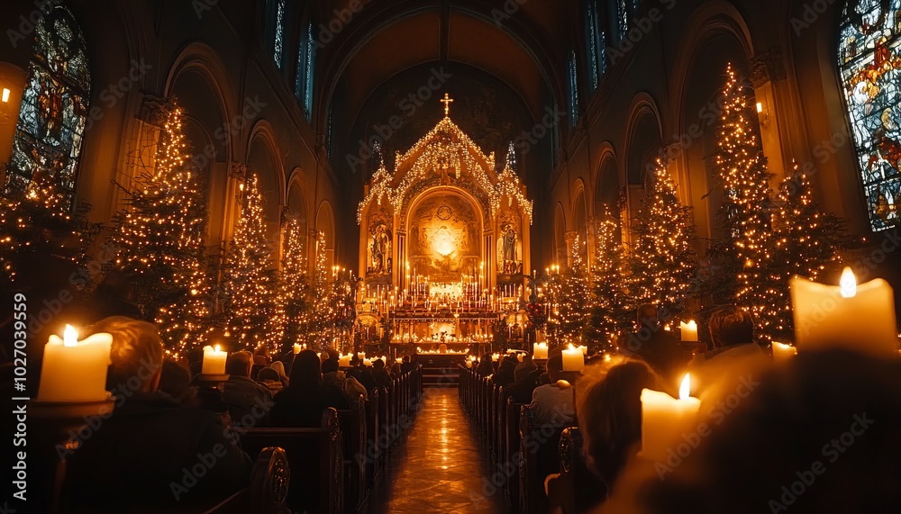 Poster A congregation gathers in a dimly lit church, illuminated by candles and Christmas trees, during a festive service.