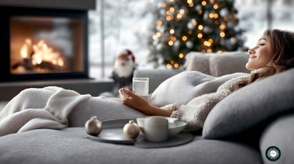 Woman relaxing on sofa by the fireplace with Christmas tree and festive decorations in cozy living room
