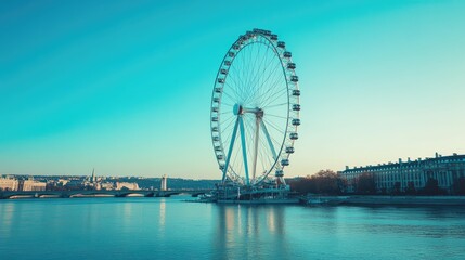 Ferris wheel standing tall against a clear blue sky, with scenic views in the background. No people.