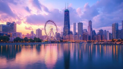Fototapeta premium Ferris wheel towering over a scenic city skyline at twilight, framed by a glowing sky. No people.