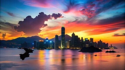 Fototapeta premium Stunning Silhouette of HKG Map Against a Colorful Sunset Sky