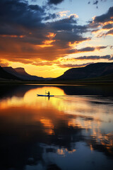 Obraz premium Sunset casts orange glow over calm water while kayaker moves through lake.