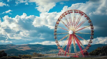 Majestic Ferris wheel set against a backdrop of rolling hills and a cloudy sky. No people included.