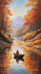 A serene autumn landscape painting with a river flowing through a golden forest, calm water, boat, nature beauty.