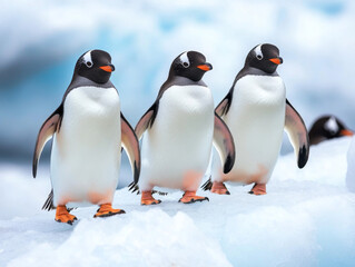 Fototapeta premium Penguins walking along ice shelf in a stunning wildlife capture