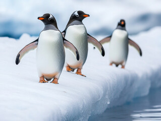 Fototapeta premium Gentoo penguins walking on an ice shelf in the Antarctic wilderness