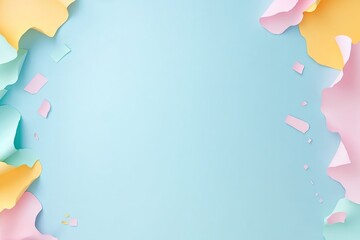Colorful paper cut-out borders forming a frame around a soft blue background, ideal for creative design and artistic projects.