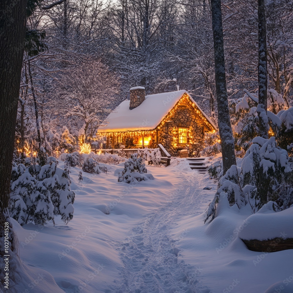 Poster A cozy cabin with lights nestled in a snowy forest.