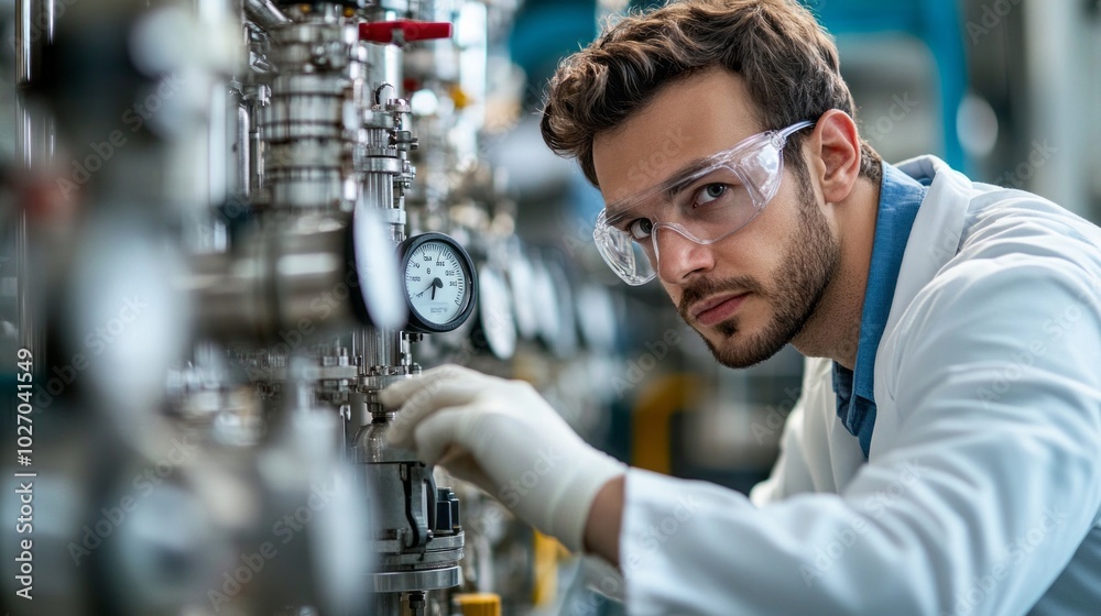 Poster A man in a lab coat is wearing safety goggles and working on a machine