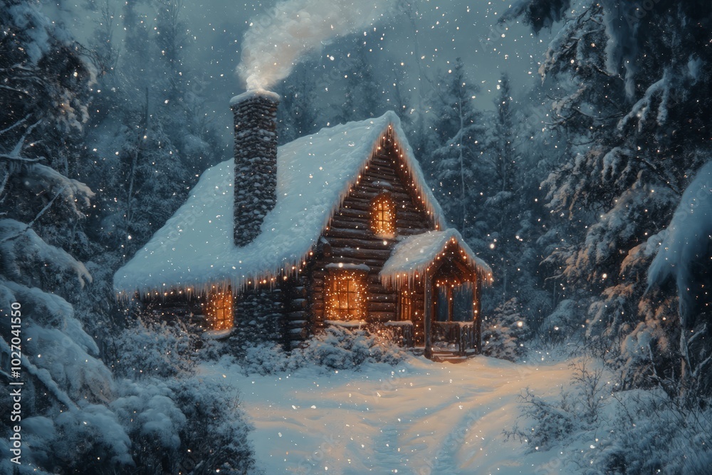 Canvas Prints A cozy cabin with warm lights glows in the snowy woods, a plume of smoke rising from the chimney.