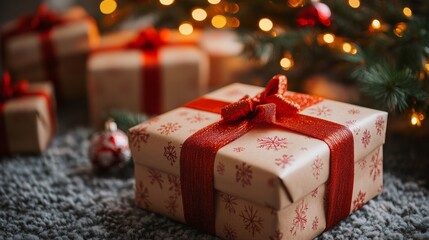 Beautifully wrapped Christmas gifts with ribbons under the tree clean background--C100