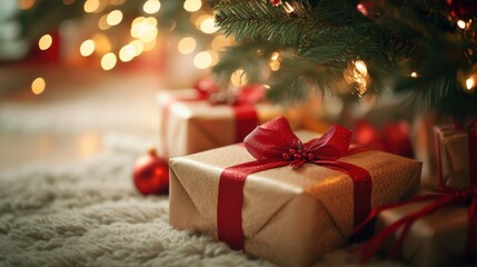 Beautifully wrapped Christmas gifts with ribbons under the tree clean background--C100