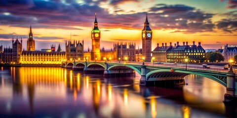 Naklejka premium Stunning Tilt-Shift Photography of Westminster Bridge After Sunset with Illuminated Landmarks