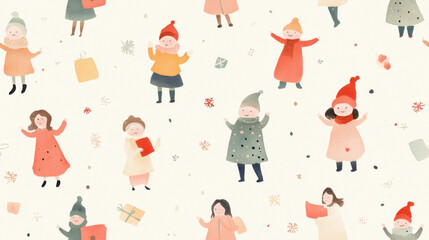 Cheerful watercolor illustration of Christmas carolers in simple outfits, celebrating festive season with joy and warmth. scene is filled with gifts and snowflakes, creating delightful holiday
