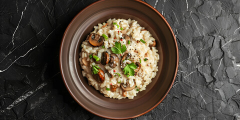 Delicious Mushroom Risotto with Parmesan Cheese Served in a Bowl.