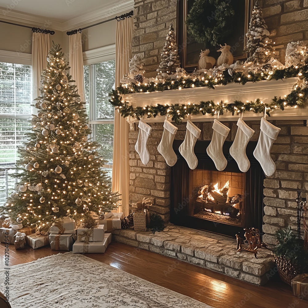 Canvas Prints A cozy living room with a decorated Christmas tree, a fireplace, and stockings hung by the chimney with care.