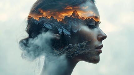 A woman's silhouette creatively blended with a dramatic mountain landscape, symbolizing strength, resilience, and a deep connection with nature.