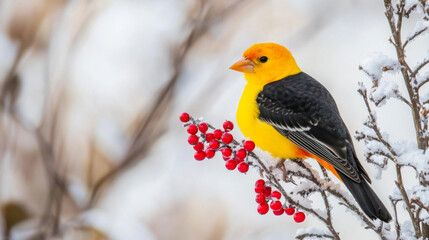 A bright yellow bird perched on snow-dusted mountain ash with red berries