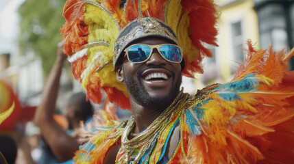 Celebrating with vibrant colors and joyful expressions, this captures essence of lively festival atmosphere. participant wears stunning feathered costume and sunglasses, embodying spirit of