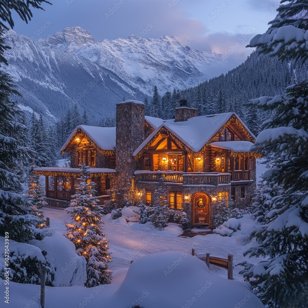 Wall mural A cozy, snow-covered cabin nestled in the mountains with a Christmas tree in the foreground.