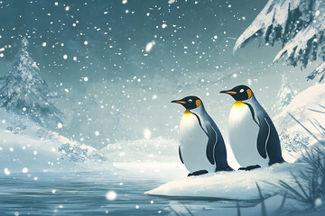 Penguins in snowy landscape, with gentle snowflakes falling.