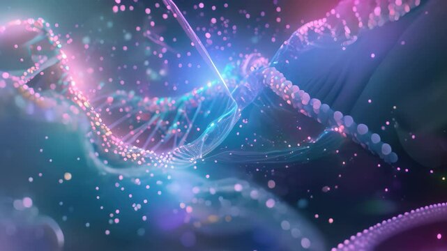 A digital rendering of DNA, highlighting the potential of bioinformatics research, Depict the possibilities of bioinformatics through abstract shapes and colors