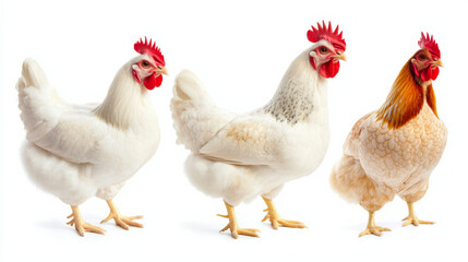 Fototapeta premium Closeup of white chickens in portrait and profile views on a clean background