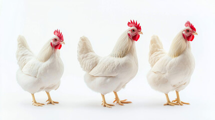 Fototapeta premium Closeup of white chickens in vibrant barnyard setting with ample copy space